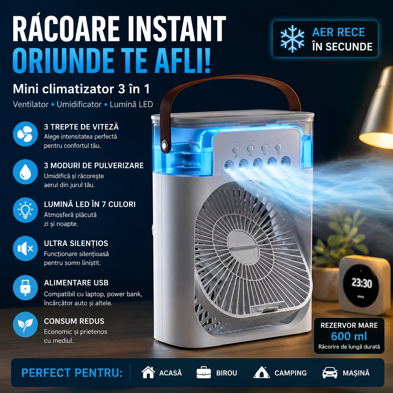 ❄️ PolarFresh™ – Mini Climatizator Portabil 3 în 1