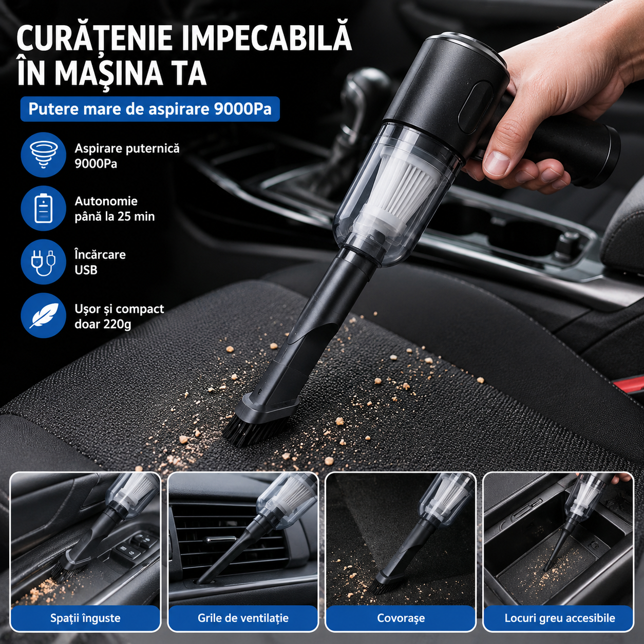 🚗 Aspirator Auto Portabil Fără Fir ✨ Putere mare de aspirare