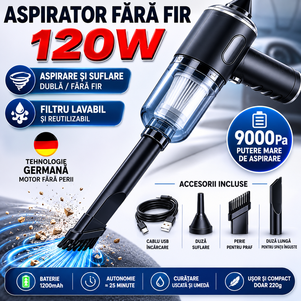 🚗 Aspirator Auto Portabil Fără Fir ✨ Putere mare de aspirare