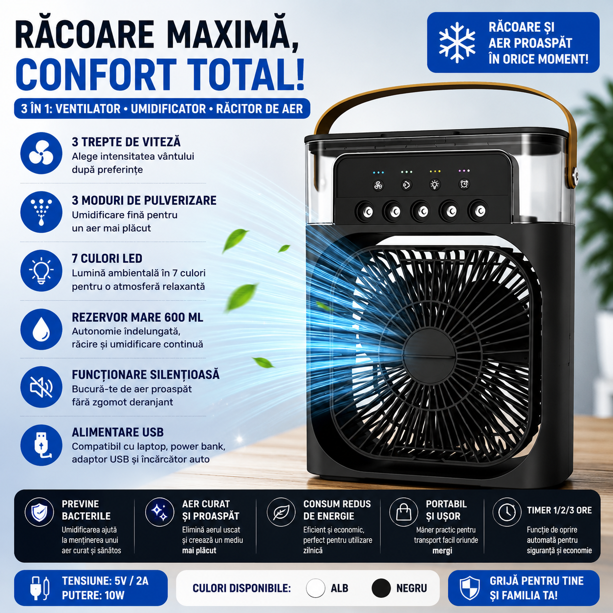 ❄️ PolarFresh™ – Mini Climatizator Portabil 3 în 1