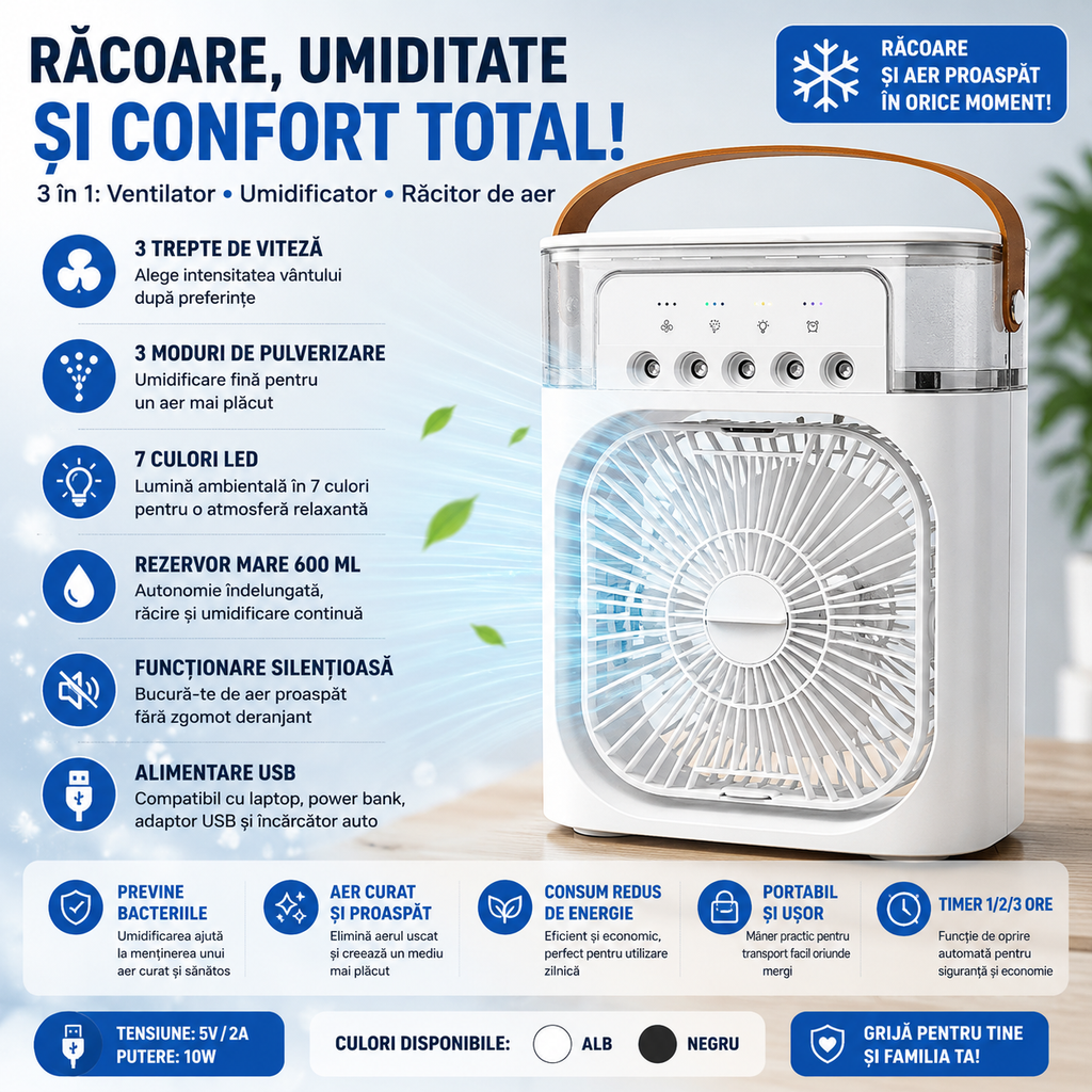 ❄️ PolarFresh™ – Mini Climatizator Portabil 3 în 1